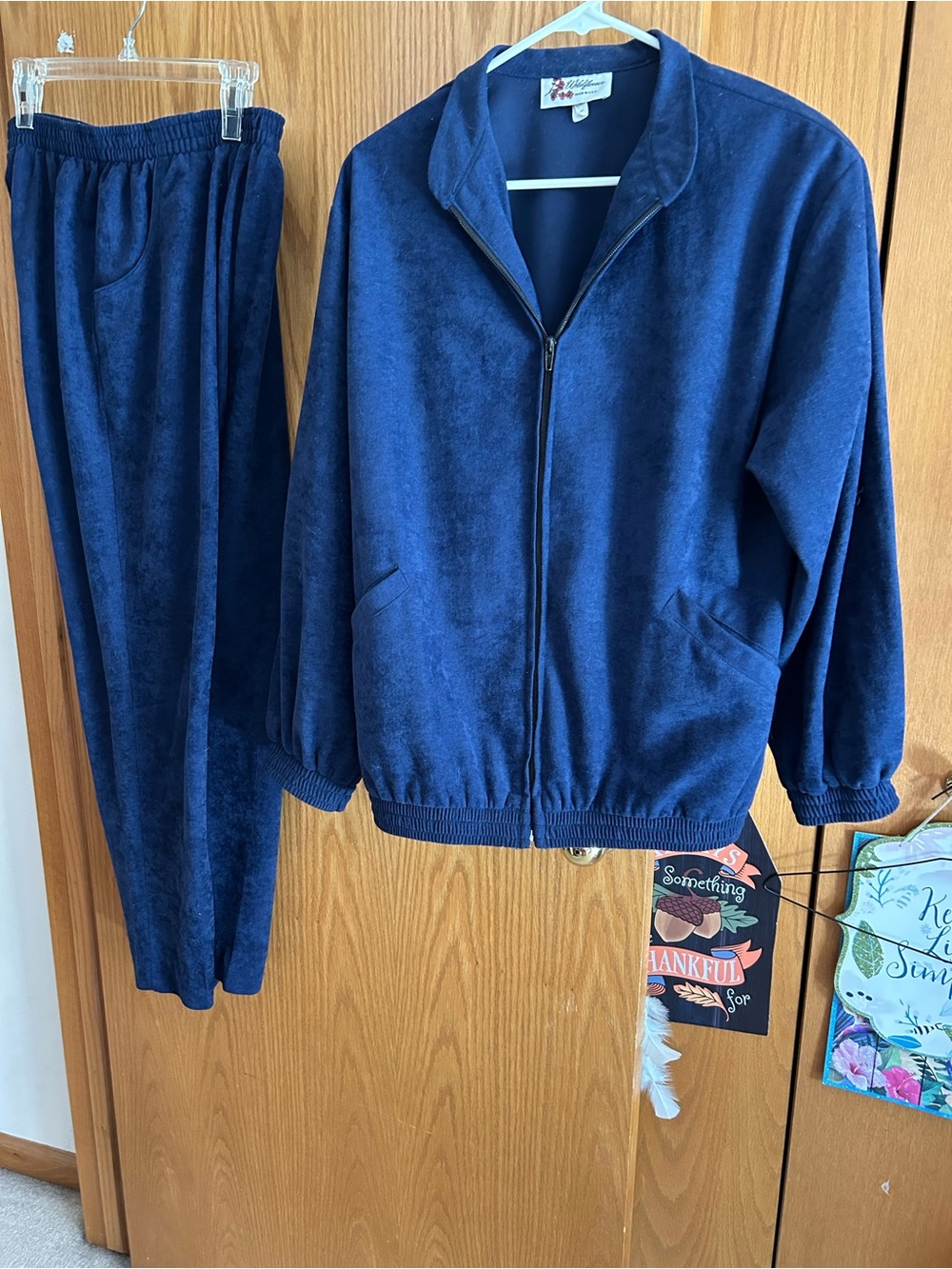 Wildflowers Navy Velour Zip Jacket & Elastic Waist Pants Set - Navy Blue